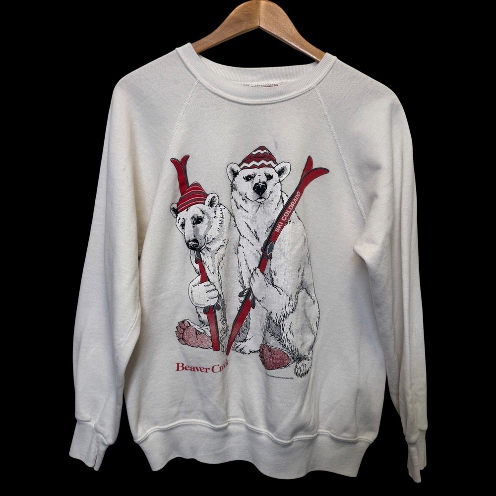 Vtg Bassett-Walker Sweatshirt L White Polar Bear Ski Colorado Beaver Creek 80s